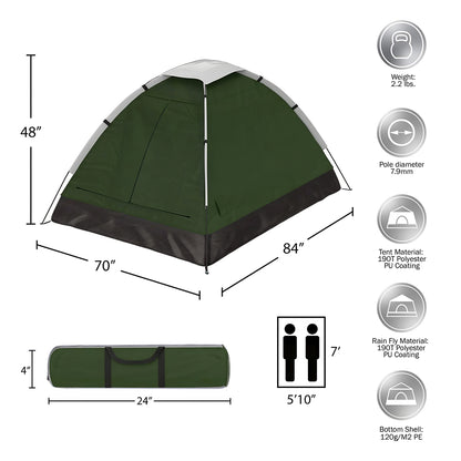 Water Resistant Two Person Dome Tent with Rain Fly and Carry Bag