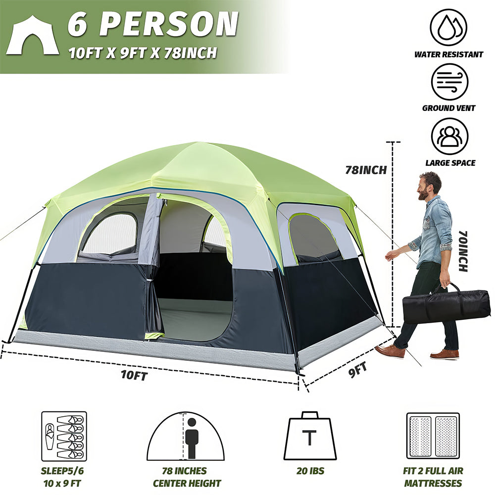 6 Person Dome Tent Waterproof Easy Setup 1 Door & 5 Mesh Windows